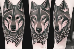 Left shoulder with Celtic cross plus wolf with yellow eyes tattoo idea