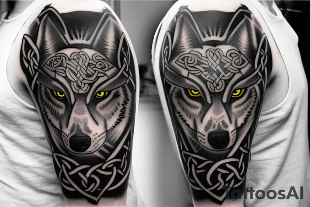 Left shoulder with Celtic cross plus wolf with yellow eyes tattoo idea