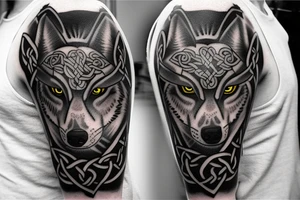 Left shoulder with Celtic cross plus wolf with yellow eyes tattoo idea