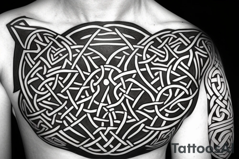 Left shoulder with Celtic cross plus wolf with yellow eyes tattoo idea