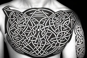 Left shoulder with Celtic cross plus wolf with yellow eyes tattoo idea