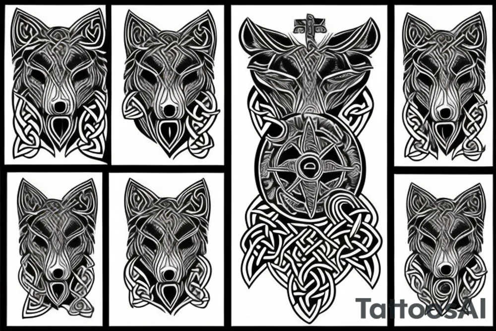 Left shoulder with Celtic cross plus wolf with yellow eyes tattoo idea