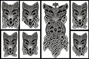 Left shoulder with Celtic cross plus wolf with yellow eyes tattoo idea
