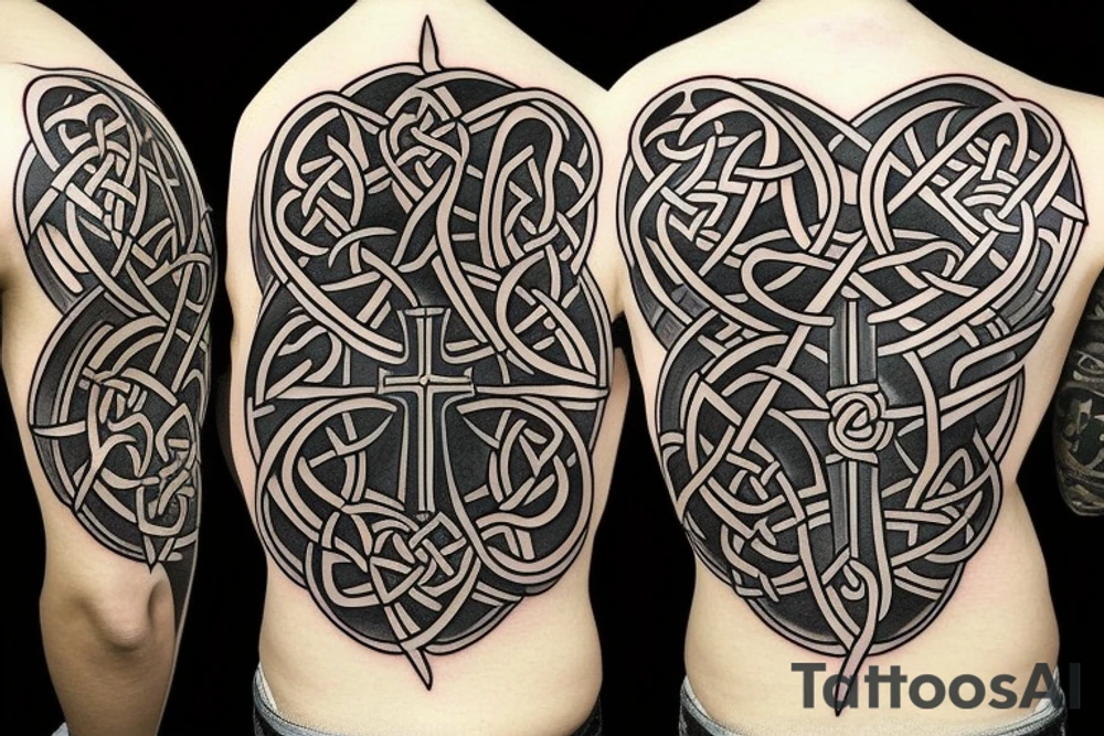 Left shoulder with Celtic cross plus wolf with yellow eyes tattoo idea