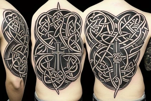 Left shoulder with Celtic cross plus wolf with yellow eyes tattoo idea