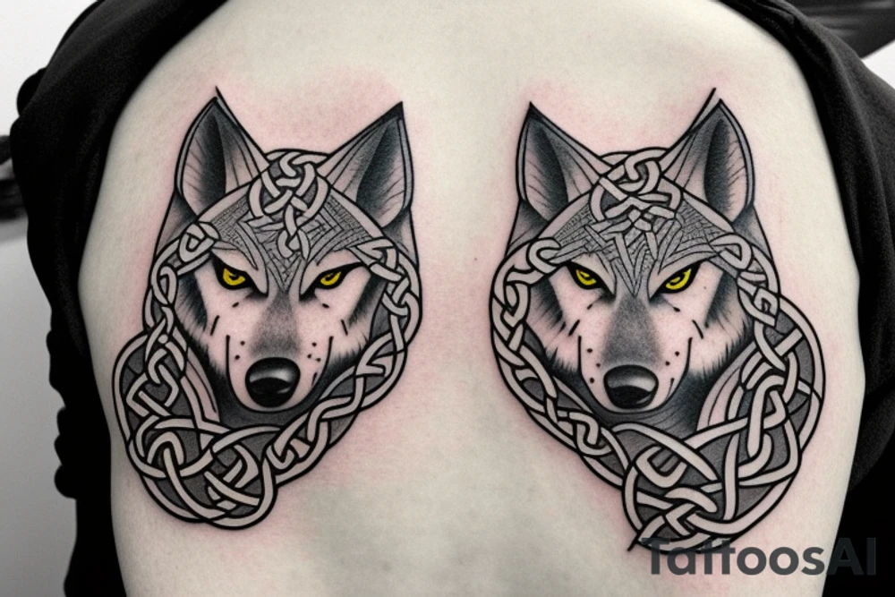 Left shoulder with Celtic cross plus wolf with yellow eyes tattoo idea