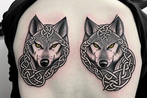 Left shoulder with Celtic cross plus wolf with yellow eyes tattoo idea