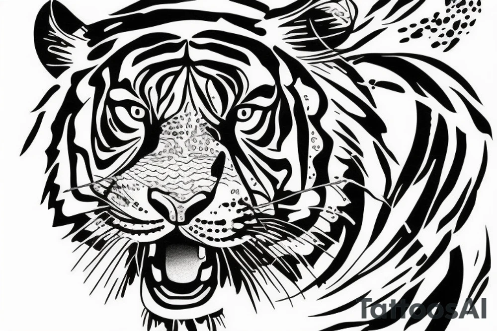 Tiger head with jungle trees tattoo idea