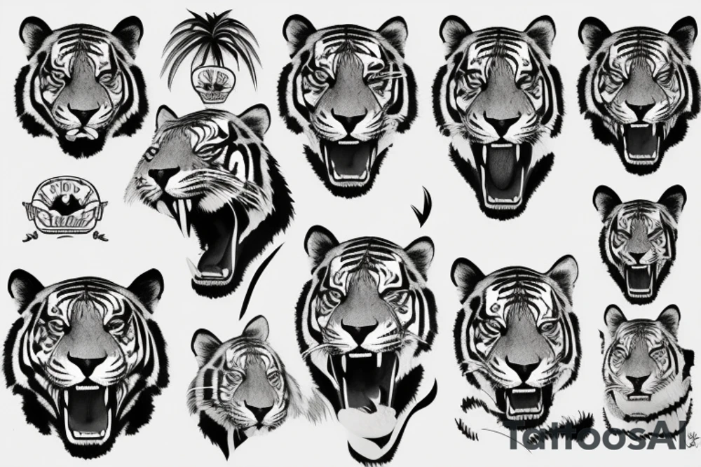 Tiger head with jungle trees tattoo idea