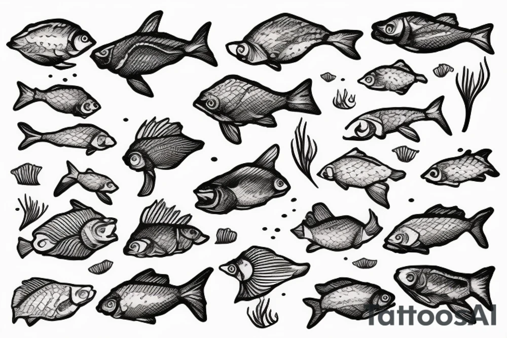 Nature river scene half underwater with fish and fishermen on the bank side tattoo idea