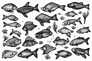 Nature river scene half underwater with fish and fishermen on the bank side tattoo idea
