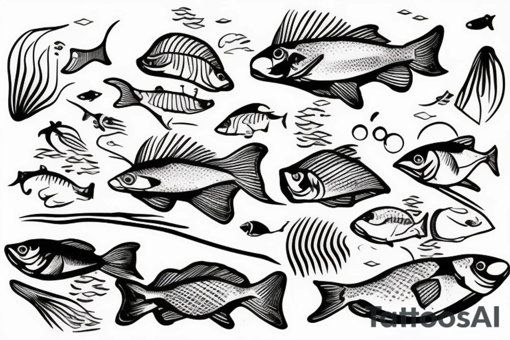 Nature river scene half underwater with fish and fishermen on the bank side tattoo idea