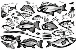 Nature river scene half underwater with fish and fishermen on the bank side tattoo idea