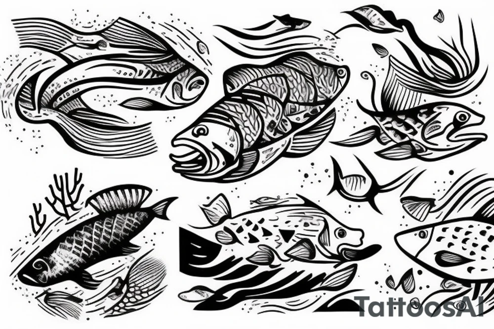 Full sleeve Nature river scene half underwater with fish and fishermen on the bank side tattoo idea