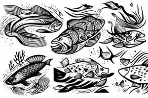 Full sleeve Nature river scene half underwater with fish and fishermen on the bank side tattoo idea