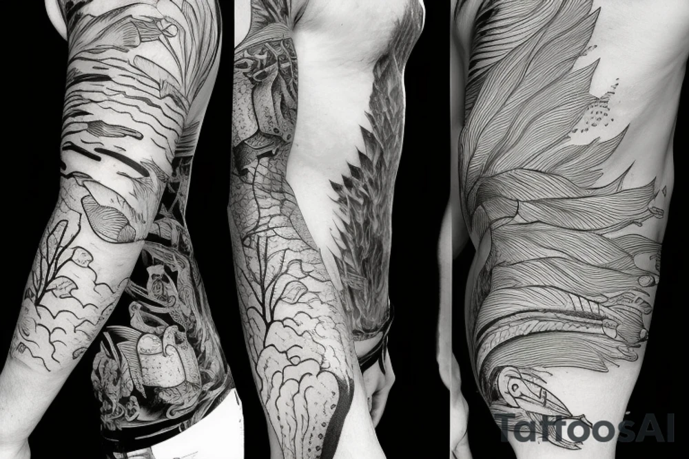 Full sleeve Nature river scene half underwater with fish and fishermen on the bank side tattoo idea