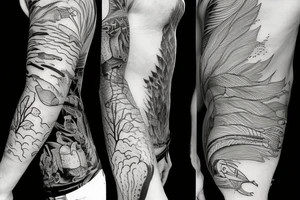 Full sleeve Nature river scene half underwater with fish and fishermen on the bank side tattoo idea