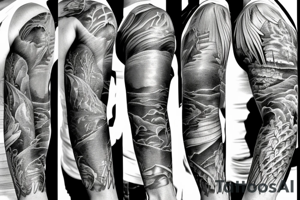 Realism Full sleeve with color Nature river scene half underwater with fish and fishermen on the bank side tattoo idea