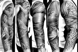 Realism Full sleeve with color Nature river scene half underwater with fish and fishermen on the bank side tattoo idea