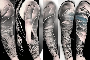 Realism Full sleeve with color Nature river scene half underwater with fish and fishermen on the bank side tattoo idea