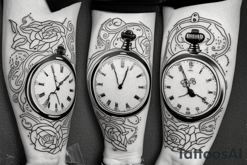A lily behind two pocket watches displaying the times 10:02 and 5:59 with the names ciarán and róisín in front of the pocket watches tattoo idea