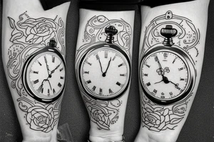 A lily behind two pocket watches displaying the times 10:02 and 5:59 with the names ciarán and róisín in front of the pocket watches tattoo idea