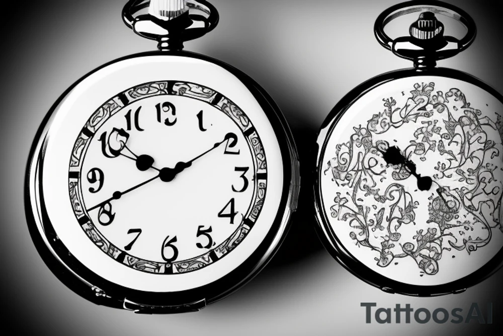 A lily behind two pocket watches displaying the times 10:02 and 5:59 with the names ciarán and róisín in front of the pocket watches tattoo idea