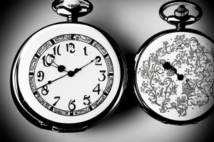 A lily behind two pocket watches displaying the times 10:02 and 5:59 with the names ciarán and róisín in front of the pocket watches tattoo idea