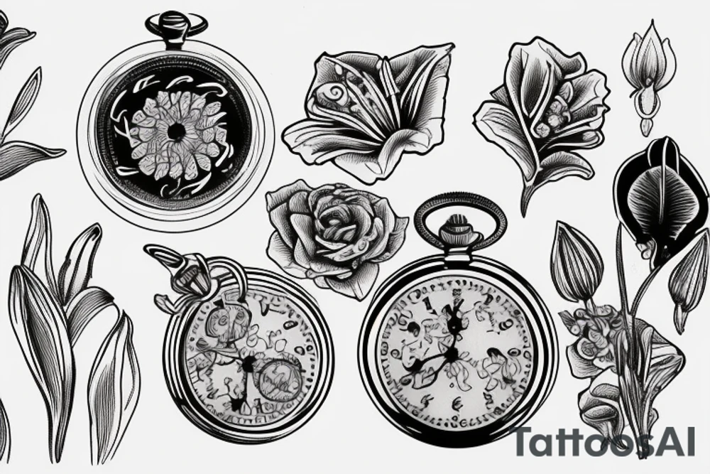 A lily flower behind a pocket watch tattoo idea