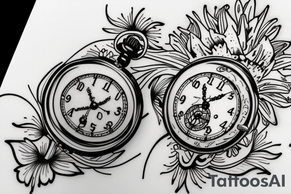A lily flower behind a pocket watch tattoo idea