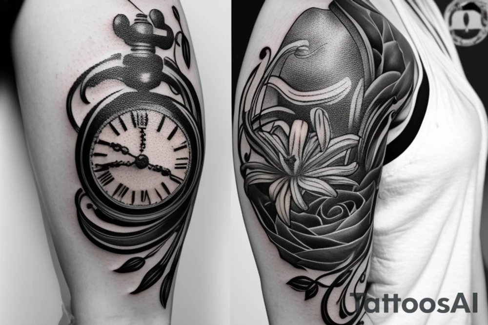 A lily flower behind a pocket watch tattoo idea