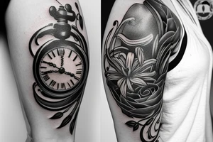 A lily flower behind a pocket watch tattoo idea