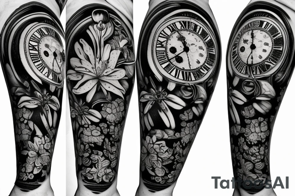 A lily flower behind a pocket watch tattoo idea