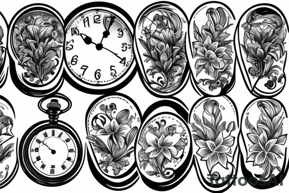 A lily flower behind a pocket watch tattoo idea