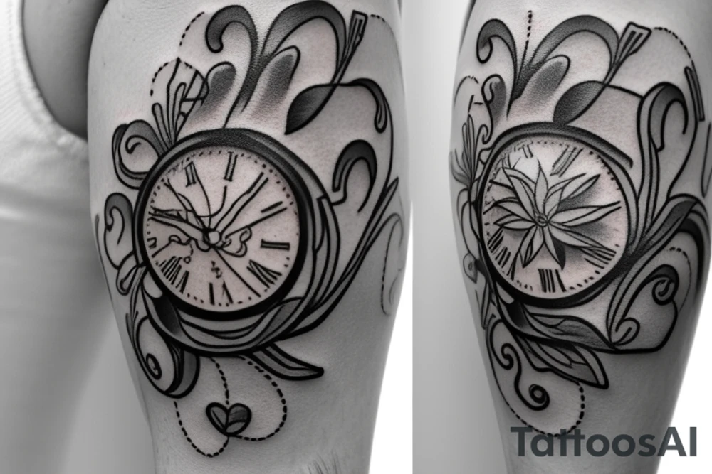 A lily flower behind a pocket watch tattoo idea
