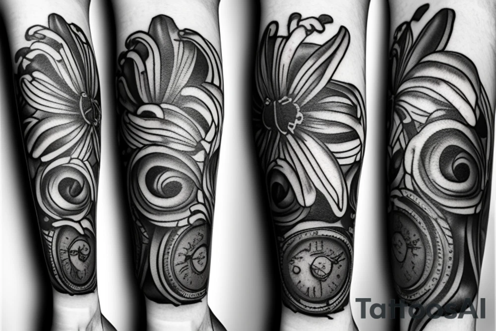 A lily flower behind a pocket watch tattoo idea