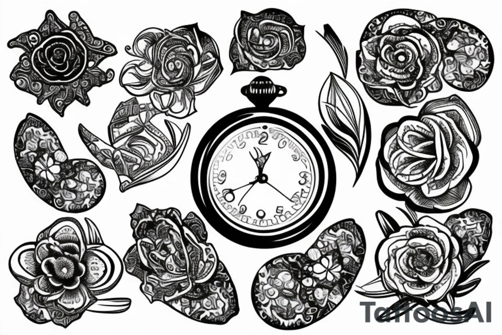A lily flower behind a pocket watch tattoo idea