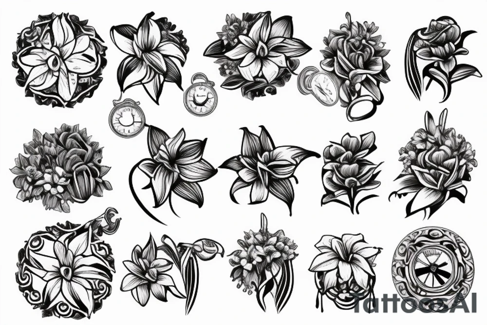 A lily flower behind a pocket watch tattoo idea