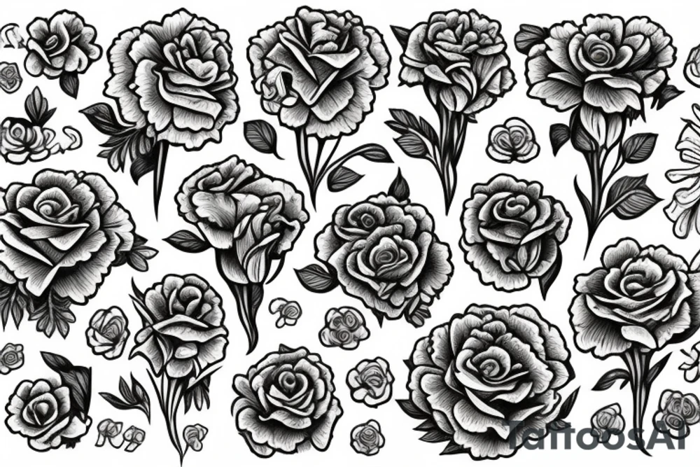 anchor with marigolds, carnations, roses, morning glory flowers. tattoo idea