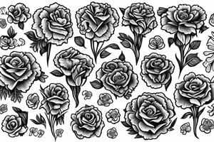 anchor with marigolds, carnations, roses, morning glory flowers. tattoo idea