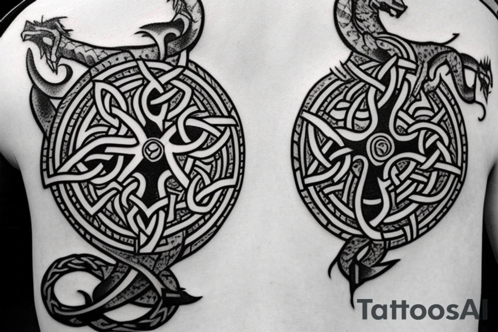 Celtic cross with a wolf on one side and a dragon on the other side tattoo idea