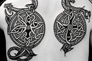 Celtic cross with a wolf on one side and a dragon on the other side tattoo idea