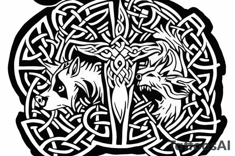 Celtic cross with a wolf on one side and a dragon on the other side tattoo idea