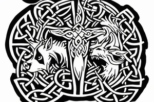 Celtic cross with a wolf on one side and a dragon on the other side tattoo idea