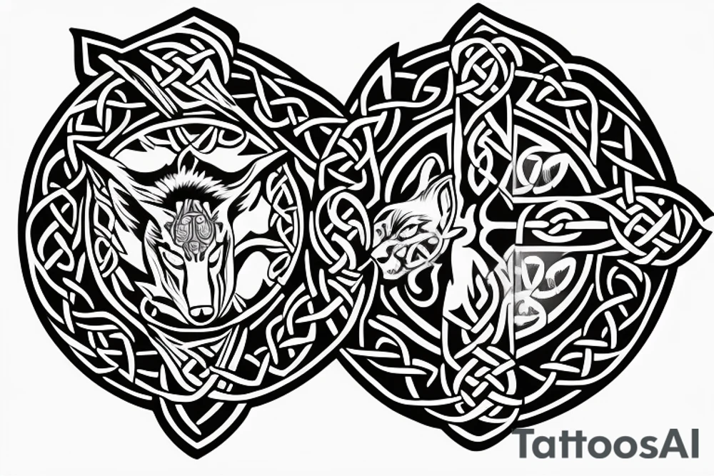 Celtic cross with a wolf on one side and a dragon on the other side tattoo idea