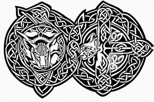 Celtic cross with a wolf on one side and a dragon on the other side tattoo idea