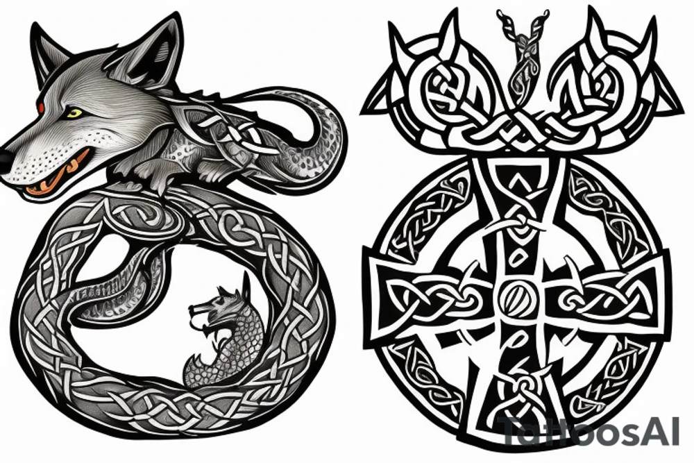 Celtic cross with a wolf on one side and a dragon on the other side tattoo idea
