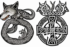 Celtic cross with a wolf on one side and a dragon on the other side tattoo idea