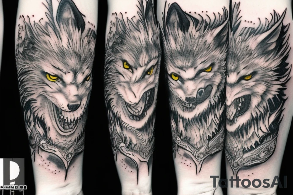 wolf with yellow eyes and a white dragon with red eyes tattoo idea