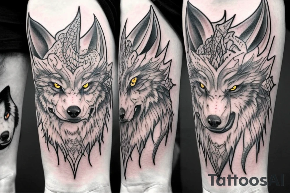 wolf with yellow eyes and a white dragon with red eyes tattoo idea